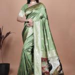 Elegant Sage Green Banarasi Silk Saree with Majestic Peacock Pallu