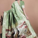 Elegant Sage Green Banarasi Silk Saree with Majestic Peacock Pallu