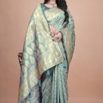 Pastel Green Banarasi Silk Saree with Golden Zari Geometric & Floral Weaves
