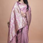 Lavender Banarasi Silk Saree with Silver Zari Geometric and Floral Design
