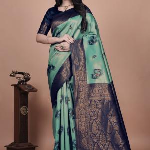 Sea Green & Navy Blue Banarasi Silk Saree with Zari Embellishment