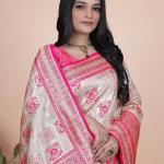 Cream and Pink Banarasi Silk Saree with Rich Silver Zari Weaving