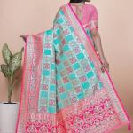 Aqua Blue and Pink Banarasi Silk Saree with Silver Zari Weaving