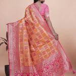 Orange and Pink Banarasi Silk Saree with Silver Zari Work