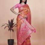 Orange and Pink Banarasi Silk Saree with Silver Zari Work