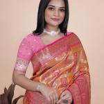 Orange and Pink Banarasi Silk Saree with Silver Zari Work