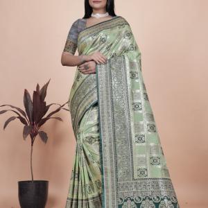 Pastel Green and Dark Green Banarasi Silk Saree with Silver Zari Weaving