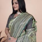 Pastel Green and Dark Green Banarasi Silk Saree with Silver Zari Weaving