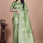 Lime Green Banarasi Silk Saree with Intricate Zari Peacock Motifs