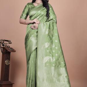 Lime Green Banarasi Silk Saree with Intricate Zari Peacock Motifs