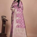 Mauve Purple Banarasi Silk Saree with Gold Zari Peacock Work