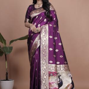 Royal Purple Banarasi Silk Saree with Peacock Pallu Design