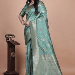 Pastel Teal Banarasi Silk Saree with Gold Zari Butti and Ornate Pallu