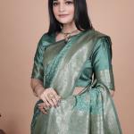 Pastel Teal Banarasi Silk Saree with Gold Zari Butti and Ornate Pallu