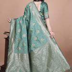 Pastel Teal Banarasi Silk Saree with Gold Zari Butti and Ornate Pallu