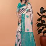💎✨ Ivory Glow Banarasi Silk Saree with Emerald Accents 🌿🌸