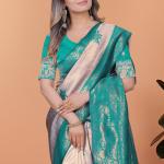 💎✨ Ivory Glow Banarasi Silk Saree with Emerald Accents 🌿🌸