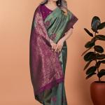 💛🌿 Emerald Plum Banarasi Silk Saree with Floral Zari Accents ✨🌸