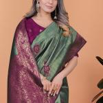 💛🌿 Emerald Plum Banarasi Silk Saree with Floral Zari Accents ✨🌸