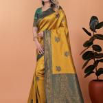 Golden Mustard & Bottle Green Banarasi Silk Saree with Floral Accents ✨🌸
