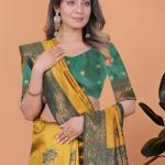 Golden Mustard & Bottle Green Banarasi Silk Saree with Floral Accents ✨🌸