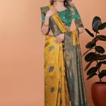 Golden Mustard & Bottle Green Banarasi Silk Saree with Floral Accents ✨🌸