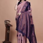 Mauve & Midnight Blue Banarasi Silk Saree with Lotus Motifs 🌺✨