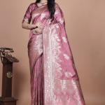 Rose Pink Banarasi Silk Saree with Intricate Silver Zari Weave