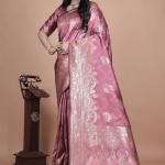 Rose Pink Banarasi Silk Saree with Intricate Silver Zari Weave