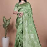 Pista Green Banarasi Silk Saree with Silver Zari Butti and Ornate Pallu