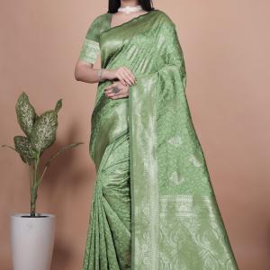 Pista Green Banarasi Silk Saree with Silver Zari Butti and Ornate Pallu