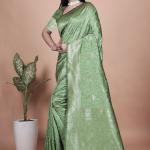 Pista Green Banarasi Silk Saree with Silver Zari Butti and Ornate Pallu