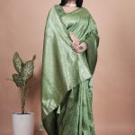 Pista Green Banarasi Silk Saree with Silver Zari Butti and Ornate Pallu