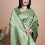 Pista Green Banarasi Silk Saree with Silver Zari Butti and Ornate Pallu