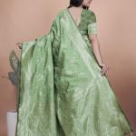 Pista Green Banarasi Silk Saree with Silver Zari Butti and Ornate Pallu