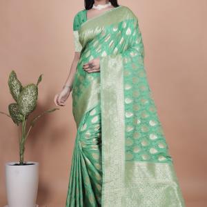 Emerald Green Banarasi Silk Saree with Golden Zari Butti and Rich Pallu