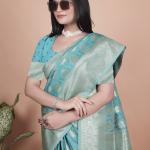 Sky Blue Banarasi Silk Saree with Silver Zari Butti and Ornate Pallu