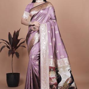 Lavender Banarasi Silk Saree with Majestic Peacock Motif Pallu