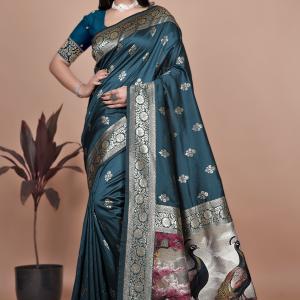 Teal Banarasi Silk Saree with Majestic Peacock Pallu