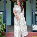 Elegant White Linen Cotton Saree with Black Striped & Arrow Motif