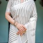 Elegant White Linen Cotton Saree with Black Striped & Arrow Motif