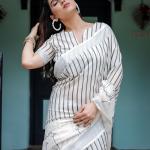 Elegant White Linen Cotton Saree with Black Striped & Arrow Motif