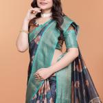 Black Floral Soft Silk Saree with Aqua Green Zari Border