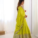 Lime Green Embroidered Mirror Work Lehenga Set
