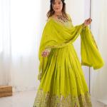 Lime Green Embroidered Mirror Work Lehenga Set