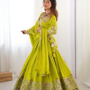 Lime Green Embroidered Mirror Work Lehenga Set