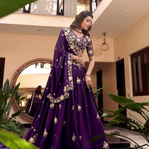 Purple Color Pearl Coding And Sequins Embroidery Work Vichitra Silk Lehenga Choli