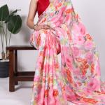PINK : Dull Satin Floral Printed SAREE