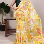 YELLOW Dull Satin Floral Printed SAREE