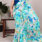 blue Dull Satin Floral Printed saree